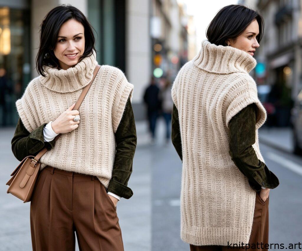 easy chunky knit turtleneck vest pattern front back