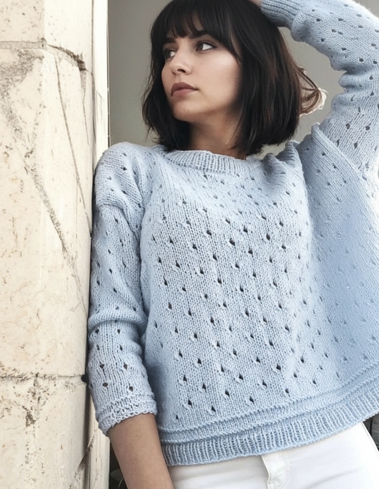 easy eyelet sweater pattern beginner close up eyelet stitch texture white knit fabric