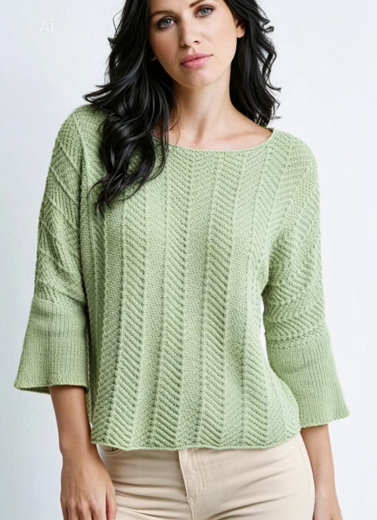 easy herringbone knit sweater pattern finished pullover front view organic cotton yellow zigzag stitch