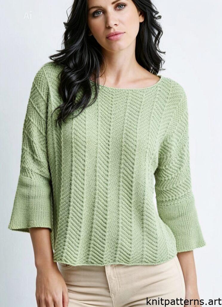 easy herringbone knit sweater pattern finished pullover front view organic cotton yellow zigzag stitch