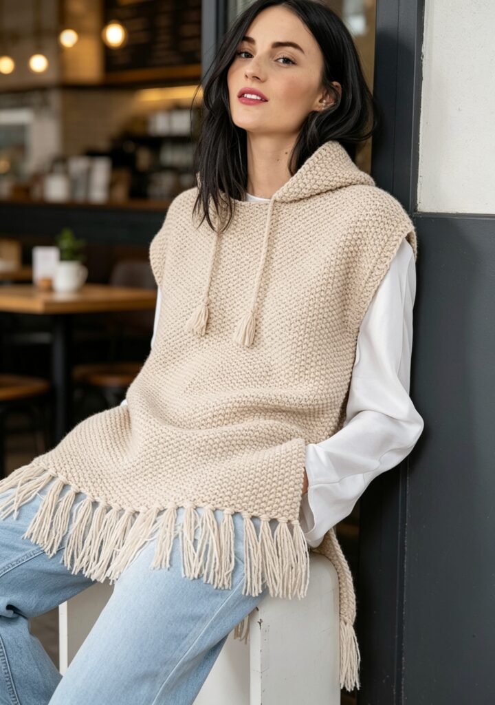 Easy knitted vest pattern free – seed stitch texture closeup, knit and purl pattern for hooded vest