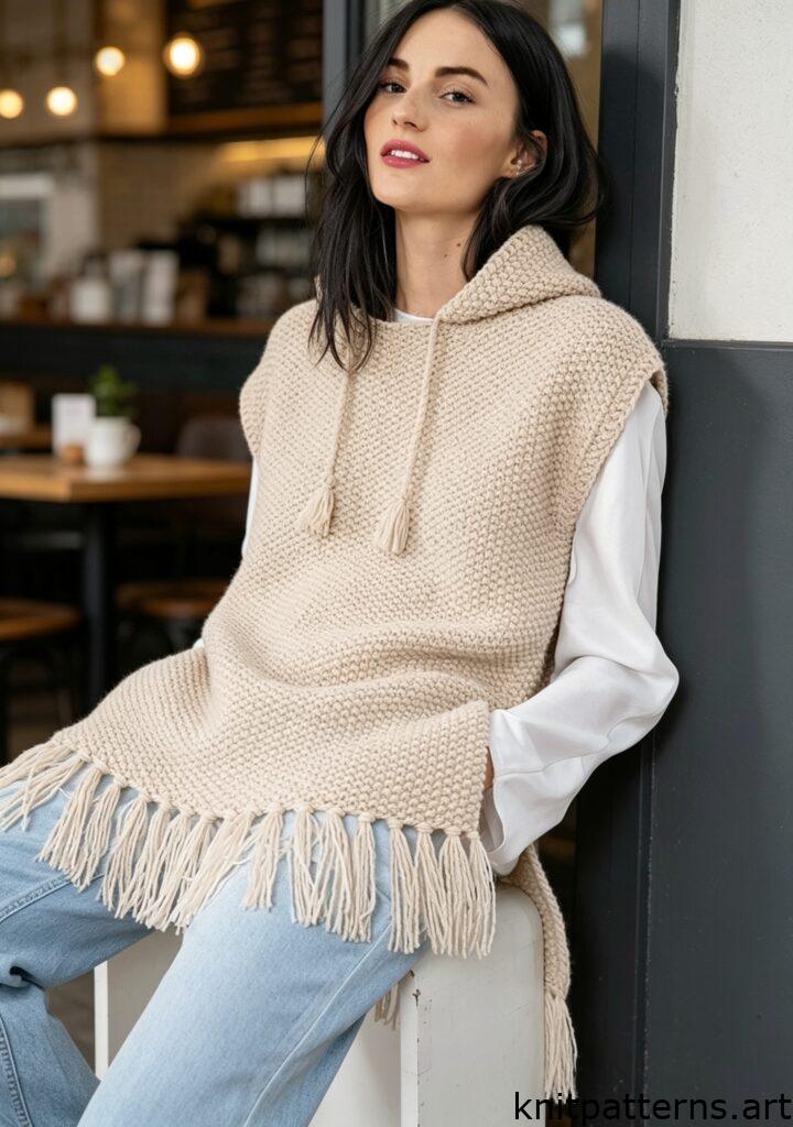 Easy knitted vest pattern free – seed stitch texture closeup, knit and purl pattern for hooded vest