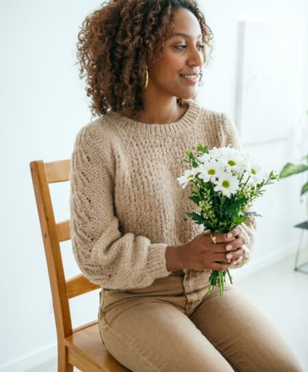 Easy seed stitch sweater pattern with soft textured knit and fantasy stitch details