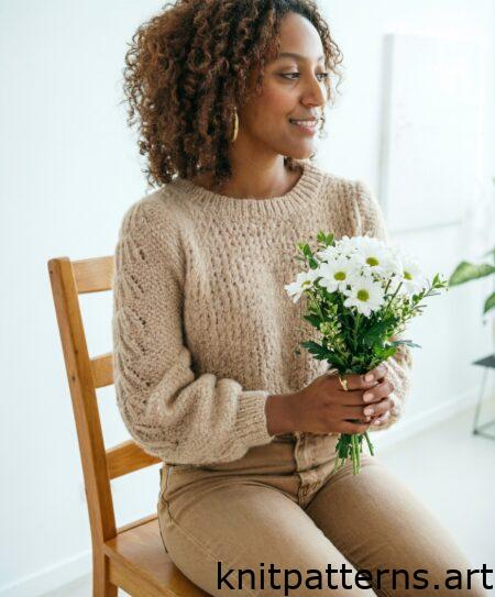 Easy seed stitch sweater pattern with soft textured knit and fantasy stitch details