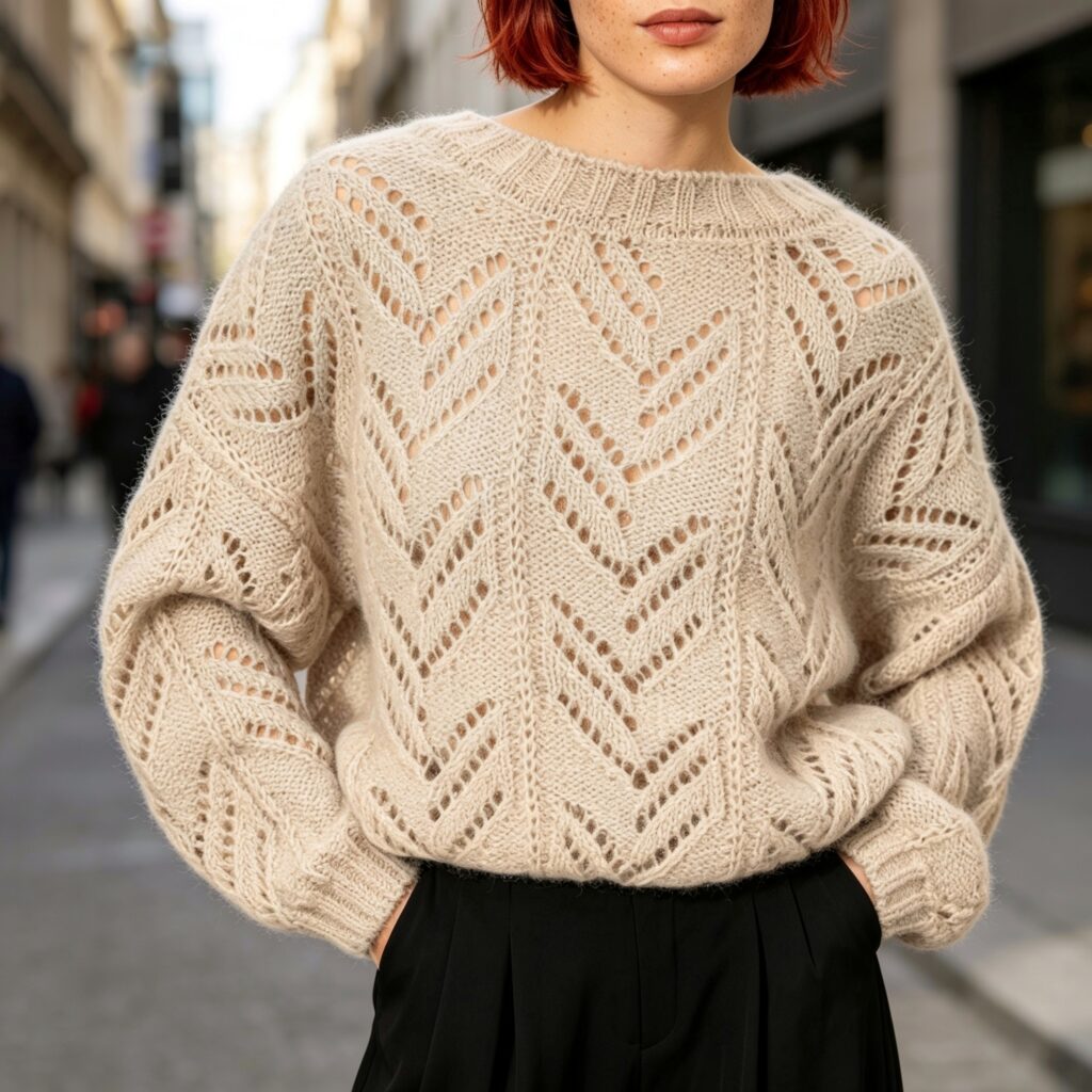 Free Zig Zag Knitting Pattern – pale green chevron lace sweater on neutral background