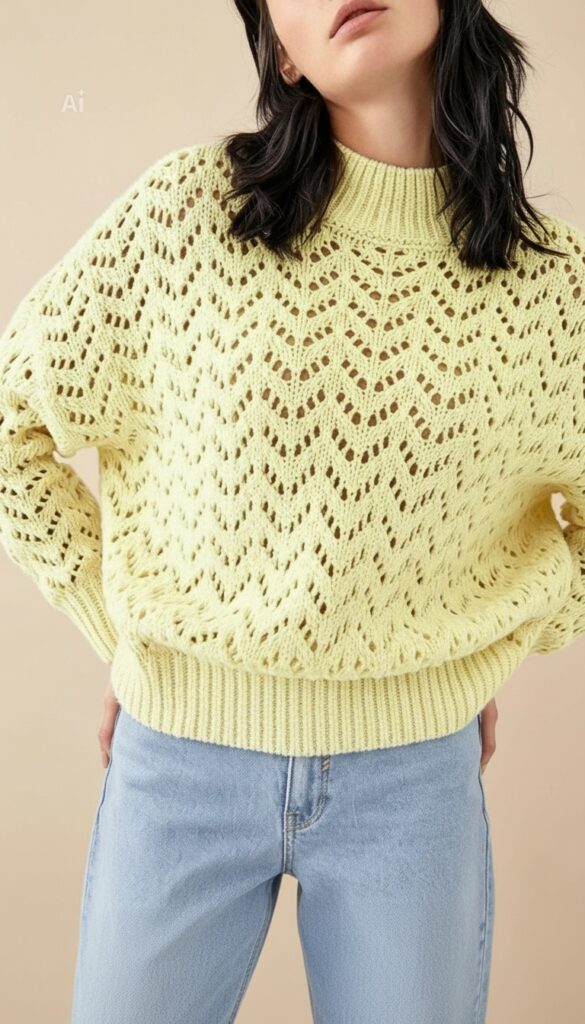 Free Zig Zag Knitting Pattern – yellow lace zigzag sweater with garter stitch and half leaves
