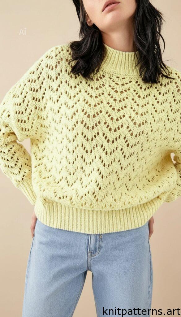 Free Zig Zag Knitting Pattern – yellow lace zigzag sweater with garter stitch and half leaves