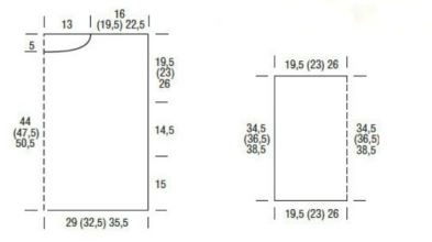 lace and cable pullover knitting pattern schematic with finished measurements in cm and inches for back front and sleeves