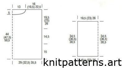 lace and cable pullover knitting pattern schematic with finished measurements in cm and inches for back front and sleeves