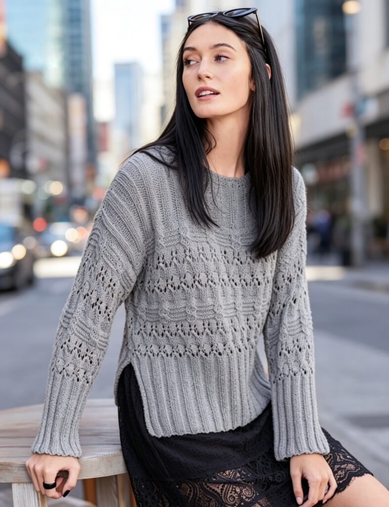 close up of lace and cable pullover knitting pattern showing eyelet lace rows and twisted cable crosses