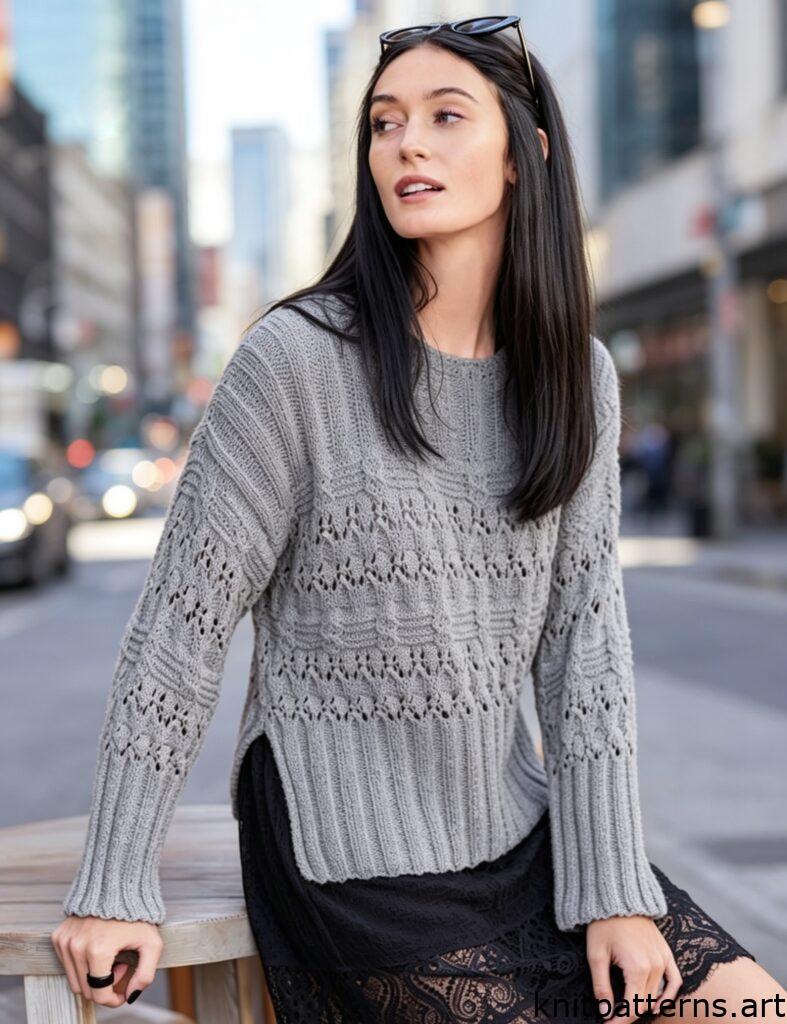 close up of lace and cable pullover knitting pattern showing eyelet lace rows and twisted cable crosses