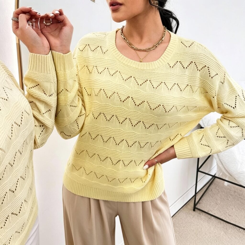 Lace Zigzag for Beginners Yellow Sweater – half leaves and garter stitch