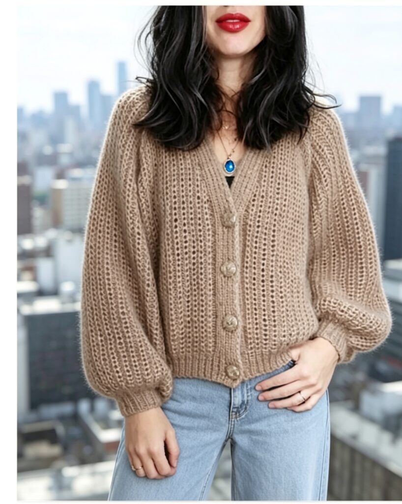 Free mohair cardigan knitting pattern with mock rib stitch – soft silk mohair cardigan front view