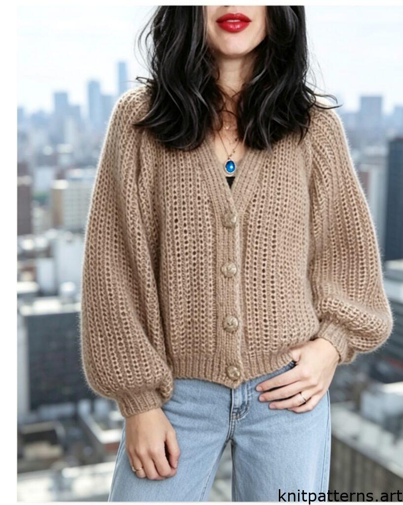 cardigan mock rib pattern knit below stitch – fluffy textured hand knit mohair cardigan