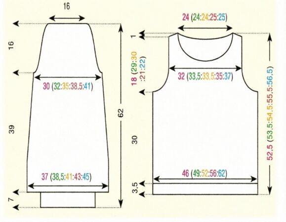 Schematic for seed stitch sweater with half front, half back, and half sleeve measurements
