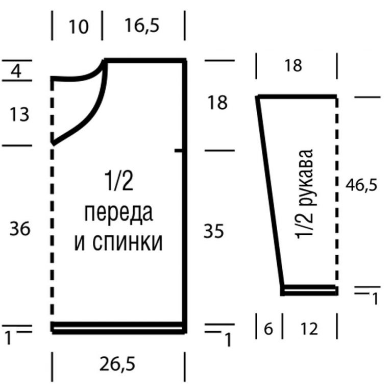 Schematic for a straight-fit pullover showing half of the front, half of the back, and half of the sleeve with measurements