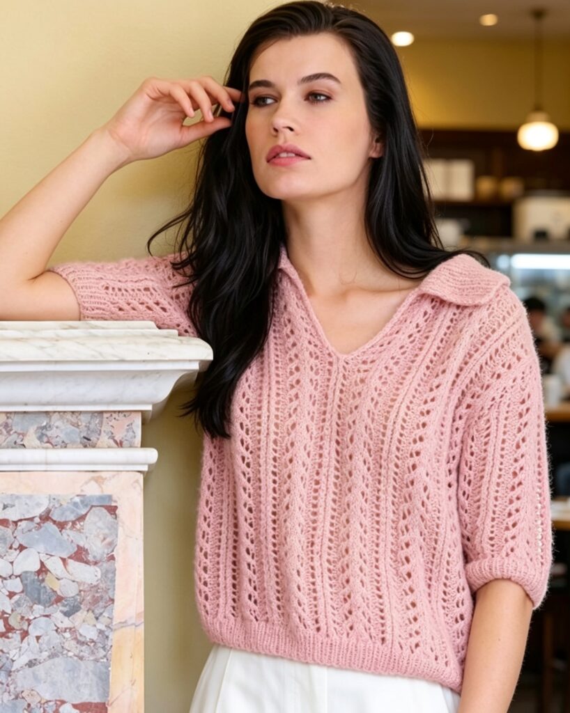 Summer knit top free pattern lace polo front view