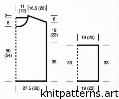 Technical drawing schematic for summer knit sweater white with back front and sleeve measurements for sizes 36/38 and 44/46